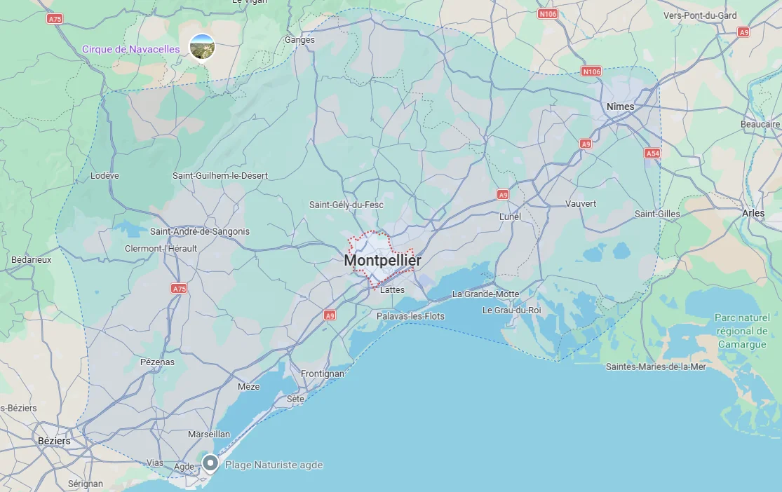 Carte de la zone d'intervention – Hérault et alentours